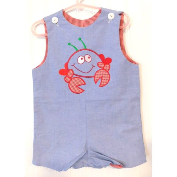 Wish Upon a Star Kids Size 1 12 Months Chambray Checked Crab Jonjon Romper - Picture 1 of 5